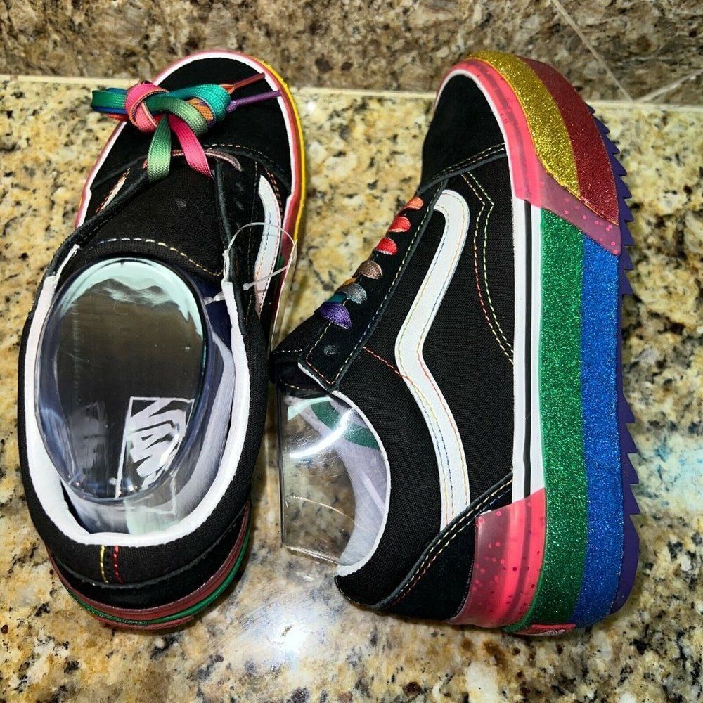 PRIDE VANS Old Skool Stacked Glitter Black Rainbow Sneakers VN0A4U15WW1 - Picture 2 of 8